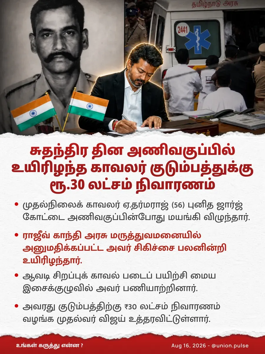சுதந்திர தின அணிவகுப்பில் உயிரிழந்த காவலர் குடும்பத்துக்கு ரூ.30 லட்சம் நிவாரணம்
