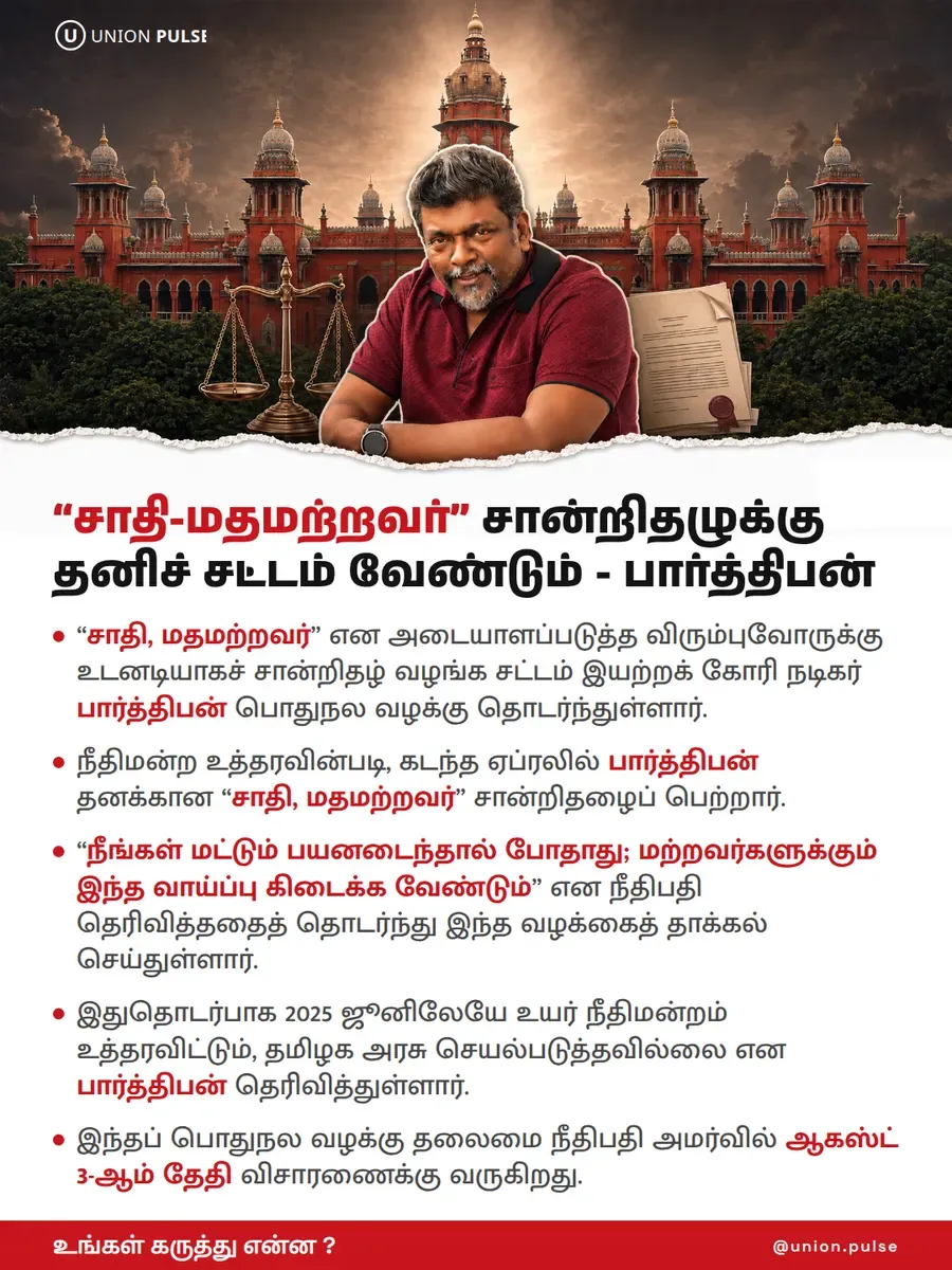 “சாதி-மதமற்றவர்” சான்றிதழுக்கு தனிச் சட்டம் வேண்டும் - பார்த்திபன்