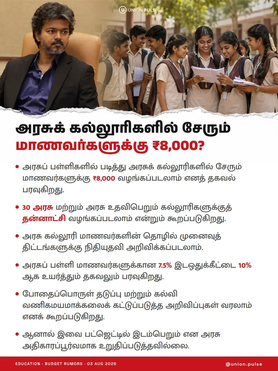 அரசுக் கல்லூரிகளில் சேரும் மாணவர்களுக்கு ₹8,000?